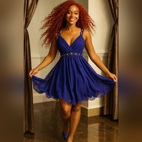 Royal Blue Mini Dress. Sequined Detail. Flowy Skirt. Size 8. Plunging Neckline - Picture 2 of 5